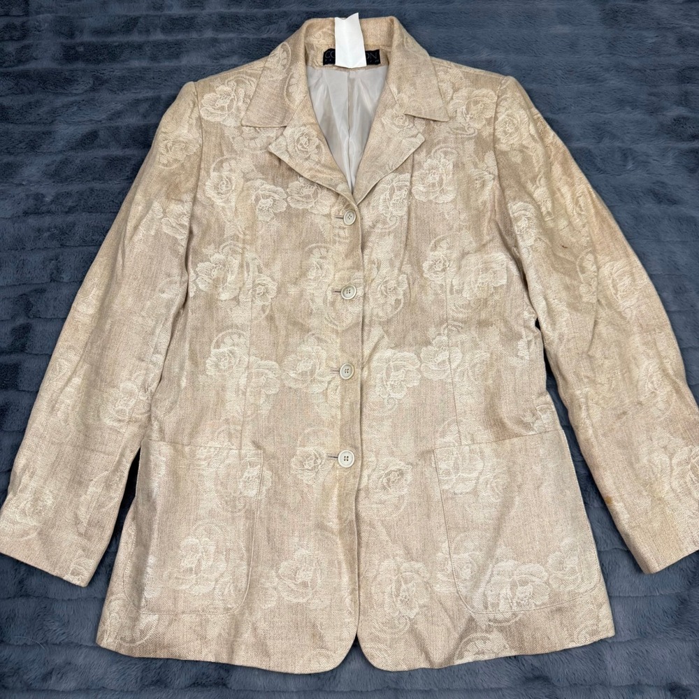 Harve Benard Collection Linen Floral Jacquard Blazer Beige Tan Size 12 20M 332